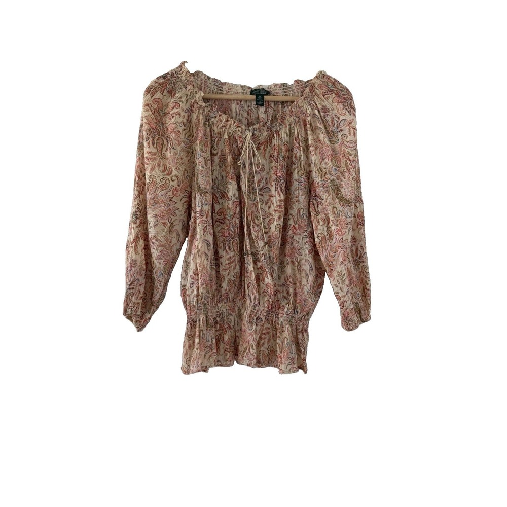 Lauren Jeans Co. Ralph Lauren Medium Cotton Paisley Peasant Blouse Tasseled Tie
